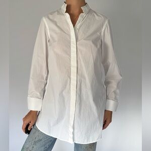 Pink Tartan Designer White Collared Button Up Blouse Scalloped Hem Womens Size 4